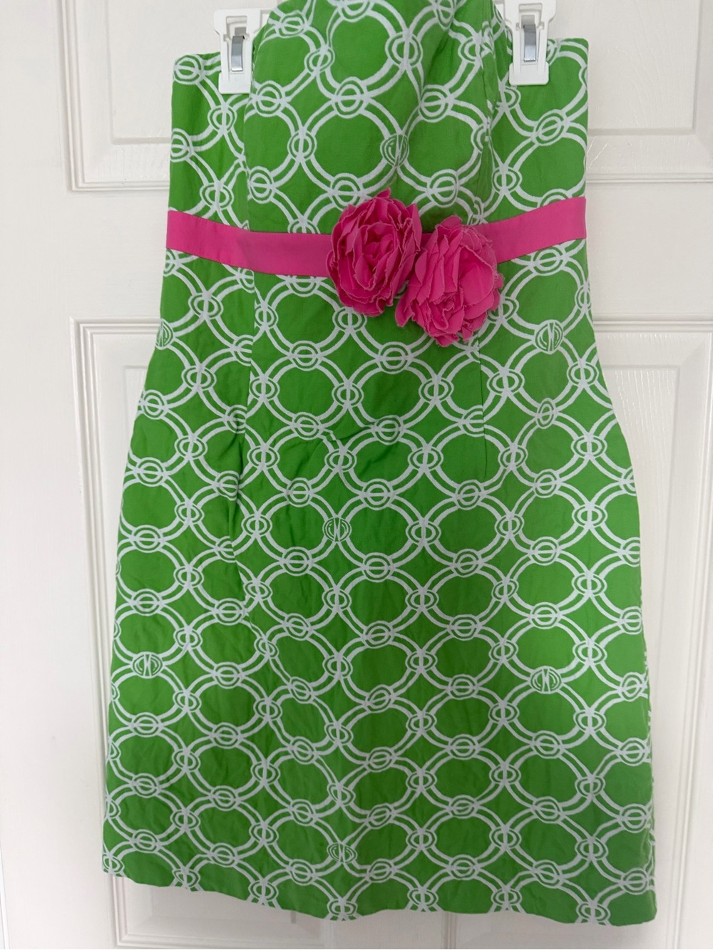 Lilly Pulitzer Bowen Green & Pink Strapless with Pink Sash and Flowers Size 6
